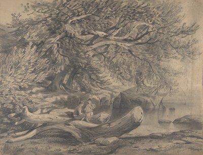 Twee mannen rusten bij een meer, vroege tot midden 19e eeuw door Alexandre Calame