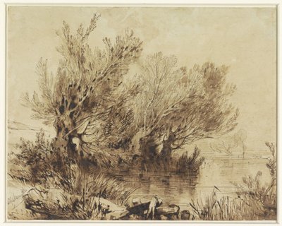 Wilgen aan een meer in zacht glooiend terrein door Alexandre Calame