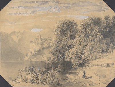 Vrouw met een hond bij een bergmeer, begin tot midden 19e eeuw door Alexandre Calame