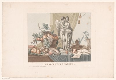 Stilleven op een tafel met een standbeeld van Cupido en een jonge vrouw, mogelijk Venus door Alexandre Chaponnier