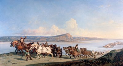Bevestiging van paarden die boten langs de Rhône trekken, ca. 1825-1870 door Alexandre Dubuisson