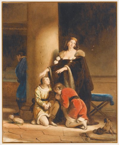 Elisabeth Woodville, koningin van Engeland, neemt afscheid van haar zonen, Edward V en Richard, hertog van York, met een treurende man achter een zuil door Alexandre Evariste Fragonard