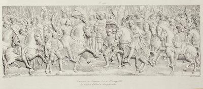 Ontmoeting van François I en Hendrik VIII op het Veld van het Gouden Laken, naar het gebeeldhouwde stenen reliëf in het Hotel de Bourgtheroulde, Rouen, Normandië, 1501-37, gegraveerd door Godefroy Engelmann door Alexandre Evariste Fragonard