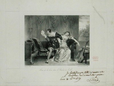 De briefscène uit de opera De Barbier van Sevilla door Rossini, gegraveerd door Villain de Sevres door Alexandre Evariste Fragonard