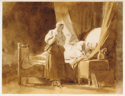 Een vrouw kijkt naar een slapende man door Alexandre Evariste Fragonard