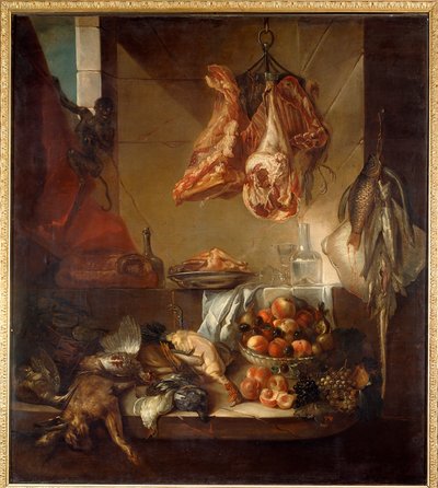Een keukeninterieur stilleven van wild, fruit en vlees. Schilderij door François Desportes (1661-1743) 18e eeuw. Châlons-en-Champagne, Musée des Beaux-Arts door Alexandre Francois Desportes