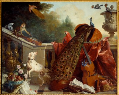 Dieren, bloemen en vruchten. Een hond, een aap die viool speelt, een pauw, een papegaai, een paradijsvogel, snaarinstrumenten. Schilderij door François Desportes (1661-1743) 1717. Grenoble, Musée des Beaux Arts door Alexandre Francois Desportes