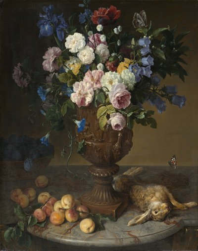 Urn met bloemen, fruit en haas door Alexandre Francois Desportes