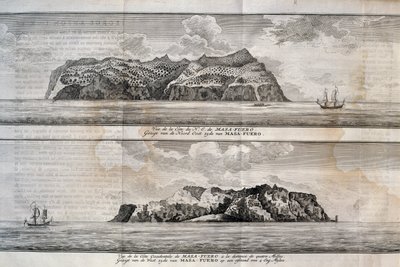 Uitzicht op Alejandro Selkirk Island of Mas Afuera Island, Juan Fernandez Archipel, Chili, gravure door Nicolas Toussaint Charlet