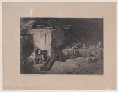 Interieur van de kennel, uit de serie Jachtscènes, 1829 door Alexandre Gabriel Decamps