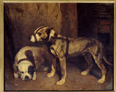 Schotse Bulldog en Terrier (schilderij door Alexandre Gabriel Decamps (1803-1860)) 19e eeuw door Alexandre Gabriel Decamps