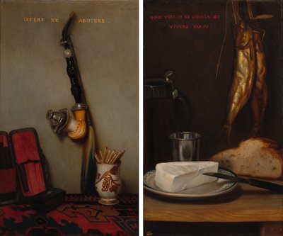 Stilleven met Pijp en Lucifers en Stilleven met Haring, Brood en Kaas (paar) door Alexandre Gabriel Decamps