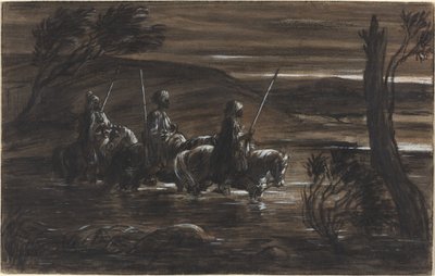Drie Arabische ruiters die een rivier oversteken door Alexandre Gabriel Decamps