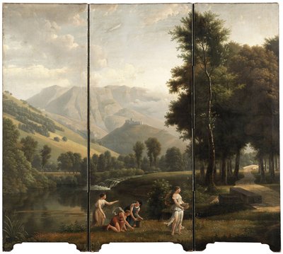 Een Arcadisch landschap met meisjes die bloemen verzamelen aan de oever van een rivier, een kasteel op een heuvel op de achtergrond door Alexandre Hyacinthe Dunouy