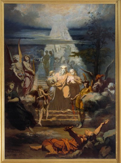 De ladder van Jacob, Jacob, die zijn land had verlaten, viel in slaap en droomde van een grote ladder. Schilderij door Alexandre Laemlein door Alexandre Laemlein