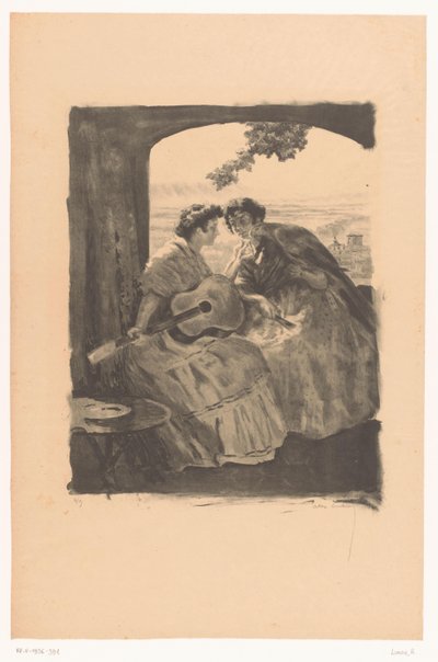 Twee Spaanse vrouwen met gitaar en een papegaai door Alexandre Lunois (signed by artist)