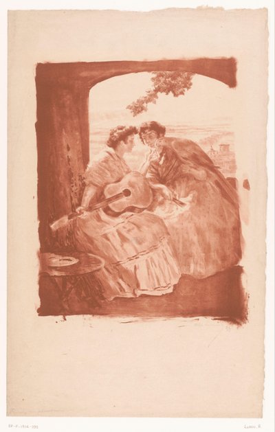 Twee Spaanse vrouwen met gitaar en een papegaai door Alexandre Lunois (signed by artist)