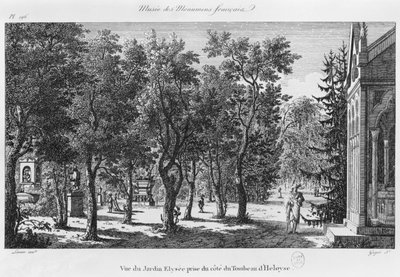 Musée des Monuments Français, Parijs, uitzicht op de Jardin Elysee vanaf het graf van Heloise en Abelard, gegraveerd door Laurent Guyot (1756-1806) door Alexandre Marie Lenoir