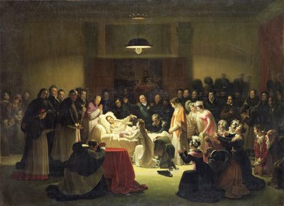 De Laatste Momenten van Charles-Ferdinand van Frankrijk (1778-1820) in de Administratiekamer van de Opera van Parijs, 14 februari 1820, ca. 1828 door Alexandre Menjaud
