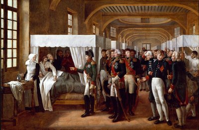 Keizer Napoleon I (1769-1821), vergezeld door artsen en generaals (maarschalk Jean Mathieu Philibert Serurier, gouverneur van de Invalides, Louis Alexandre (Louis-Alexandre) Berthier en Joachim Murat, Gerard (Geraud) Christophe Michel Duroc, grootmaarschal door Alexandre Veron Bellecourt