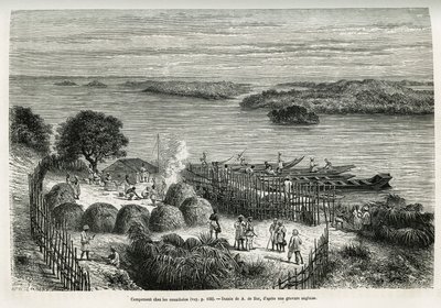 Kamp versterkt de expeditie om zichzelf te beschermen tegen de kannibalen Mouana Ntaba, nabij de rivier Leopold (Congo), tekening door A. De Bar, ter illustratie van het verhaal 