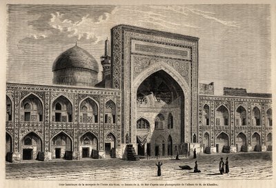 Binnenplaats van de moskee van Imam Aly Riza in Mashhad, tekening door A. de Bar, ter illustratie van de reis naar Khorasan in 1858, door N. de Khanikof. Gravure in 