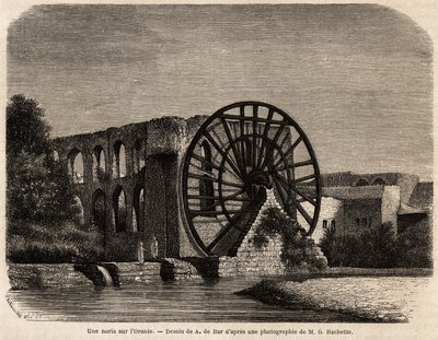 La noria (hydraulische machine om het waterniveau te verhogen met behulp van de energie die door de stroom wordt geproduceerd) aan de Orontes-rivier, een rivier in het Midden-Oosten die Syrië doorkruist naar de Middellandse Zee, tekening door A.de Bar, ter door Alexandre de (after) Bar
