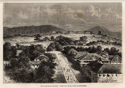 Straat en barakken van Freetown, Sierra Leone, gravure naar de tekening van A. de Bar, ter illustratie van de reis naar de Afrikaanse kust, in 1868, door Vice-admiraal Fleuriot de Langles, gepubliceerd in 