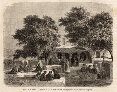 Uitzicht op een café in La Marsa (Tunis), tekening door A.de Bar, ter illustratie van een reis naar Tunis, in 1859, door Amable Crapelet. Gravure in “Le tour du monde”, bewerkt door Edouard Charton door Alexandre de (after) Bar