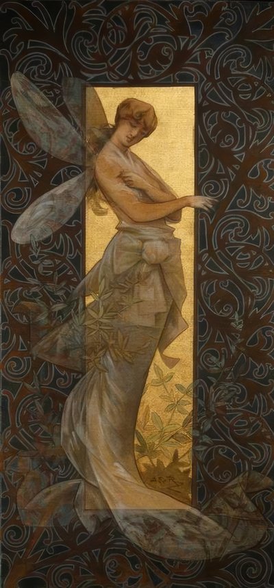 Compositie met gevleugelde nimf bij zonsopgang door Alexandre de Riquer