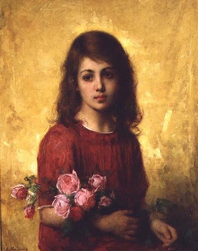 Portret van een jong meisje met een bos rozen door Alexei Alexevich Harlamoff