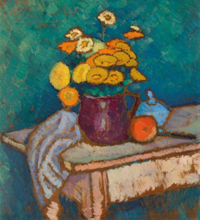Stilleven met doek, bloemen in kruik en appel, 1909-1910 door Alexei Javlensky von