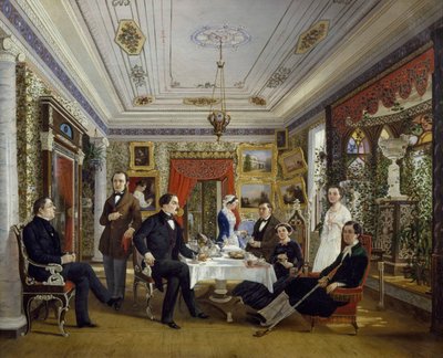 De familie Tarnovskj drinkt thee aan tafel door Alexei Yakovlevich Voloskov