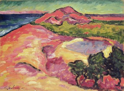 Kustscène met rode heuvel door Alexej von Jawlensky
