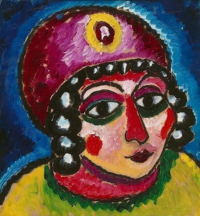 Meisjeshoofd met rode tulband en gele agraffe (Barbarenprinses) door Alexej von Jawlensky
