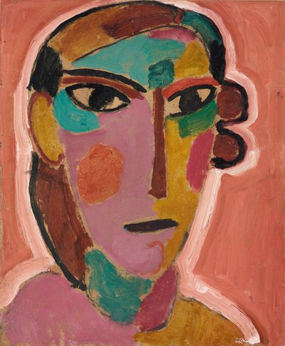 Mystiek hoofd: vrouwenhoofd op een rode achtergrond (ca. 1917) door Alexej von Jawlensky