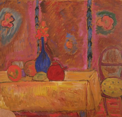Stilleven met kruik en beeldhouwwerk op een tafel door Alexej von Jawlensky