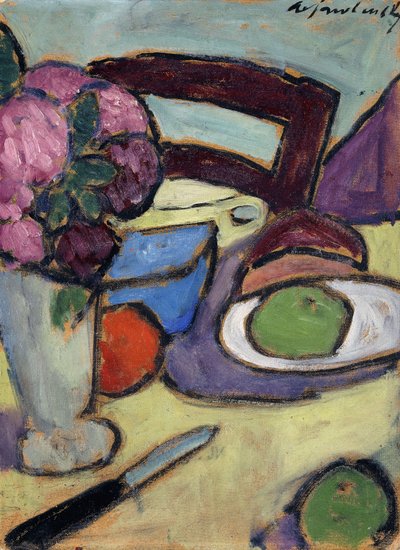 Stilleven met stoel en boeket; Stilleben mit Stuhl und Blumenstrasse, 1906 door Alexej von Jawlensky