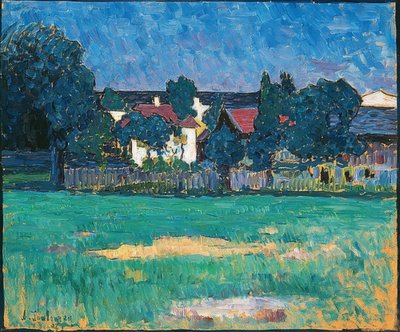 Waterburger landschap met huizen en weide door Alexej von Jawlensky