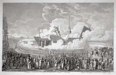 Opening van het ruiterstandbeeld van Peter de Grote op het Senaatsplein in Sint-Petersburg in 1782, begin 18e eeuw door Alexey Kupriyanovich Melnikov