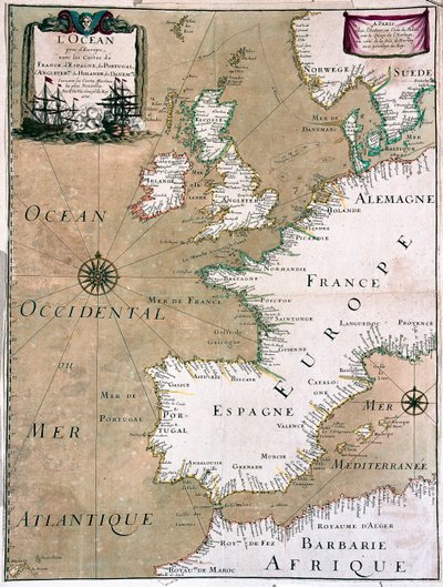 De Oceaan met de kust van Frankrijk, Spanje, Portugal, Engeland, Nederland, Denemarken - door A door Alexis Hubert Jaillot