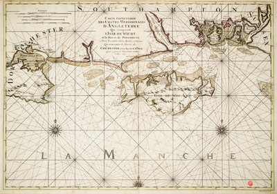 Kaart van de Engelse kust, Isle of Wight en Portsmouth haven door Alexis Hubert Jaillot