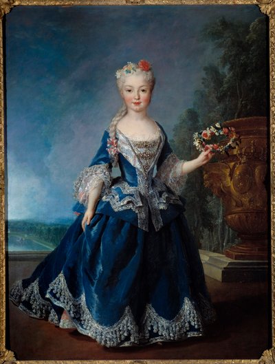 Portret van Marie Anne Victoire, Infante van Spanje (1718-1781) voor het water van de Zwitser in Versailles Schilderij door Alexis Simon Belle (1674-1734) 1725 door Alexis Simon Belle
