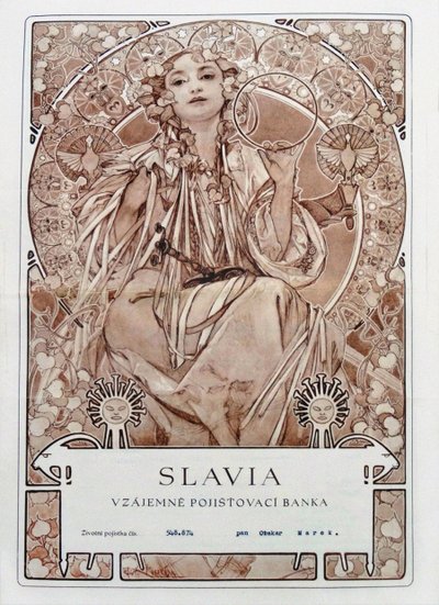 Verzekeringspolis van Slavia Verzekeringsmaatschappij, 1942 door Alfons Marie Mucha