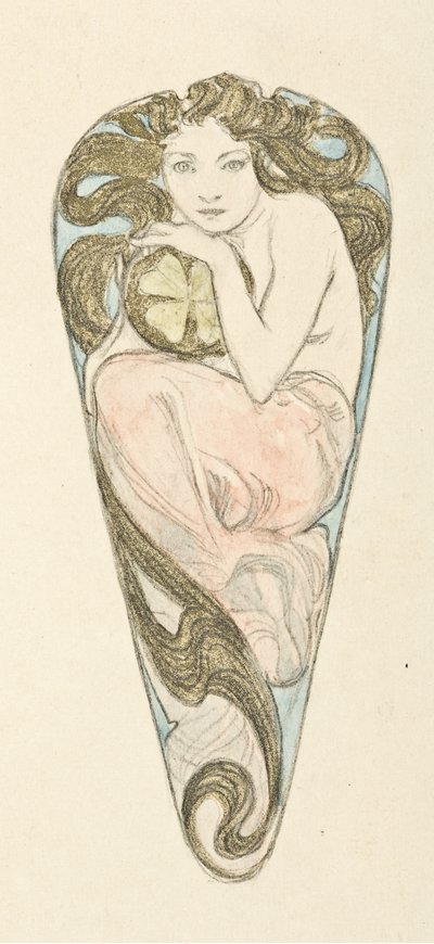 Ontwerp voor miniatuur voor hanger van een grote broche, ca. 1900 door Alfons Marie Mucha