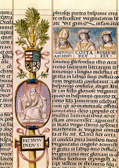 Portret van Flavius Recceswinth, koning van de Visigoten van Spanje van 653 tot zijn dood in 672, miniatuur in "Genealogía de los reyes de España" door Alfonso de Cartagena