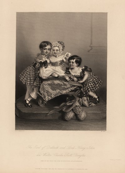 Earl of Dalkeith (William Henry), Henry John en Walter Charles Scott Douglas, zoon van de 5e hertog van Buccleuch, 7e hertog van Queensberry. Twee zonen dragen tartanjurken met linten, met de jongste in een bonnet en satijnen jurk. Staalgravure door H. Coo door Alfred Edward (after) Chalon