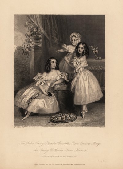Portret van Emily Blanche Charlotte, Rose Caroline en Emily Catherine Anne Somerset, dochters van Henry Somerset, 7e Hertog van Beaufort door Alfred Edward (after) Chalon