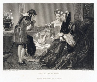 De biecht, verwijzend naar een verhaal met dezelfde titel, een vrouw in een grote zwarte jurk buigt voorover om de biecht van een jonge jongen te horen, die zijn gezicht met haar handen bedekt door Alfred Edward (after) Chalon