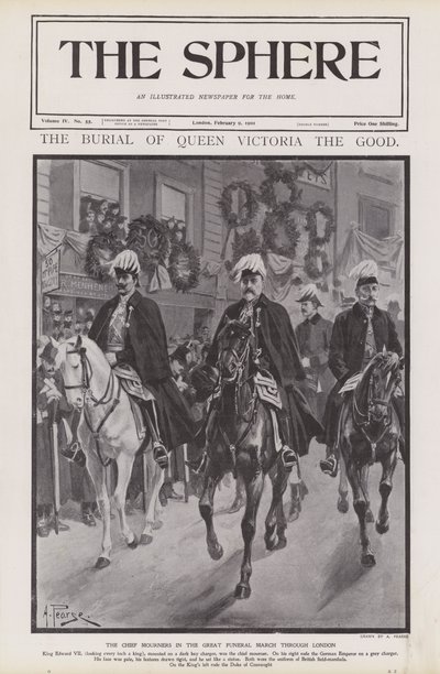 De belangrijkste rouwenden bij de begrafenisstoet van koningin Victoria door Londen (litho) door Alfred (after) Pearse
